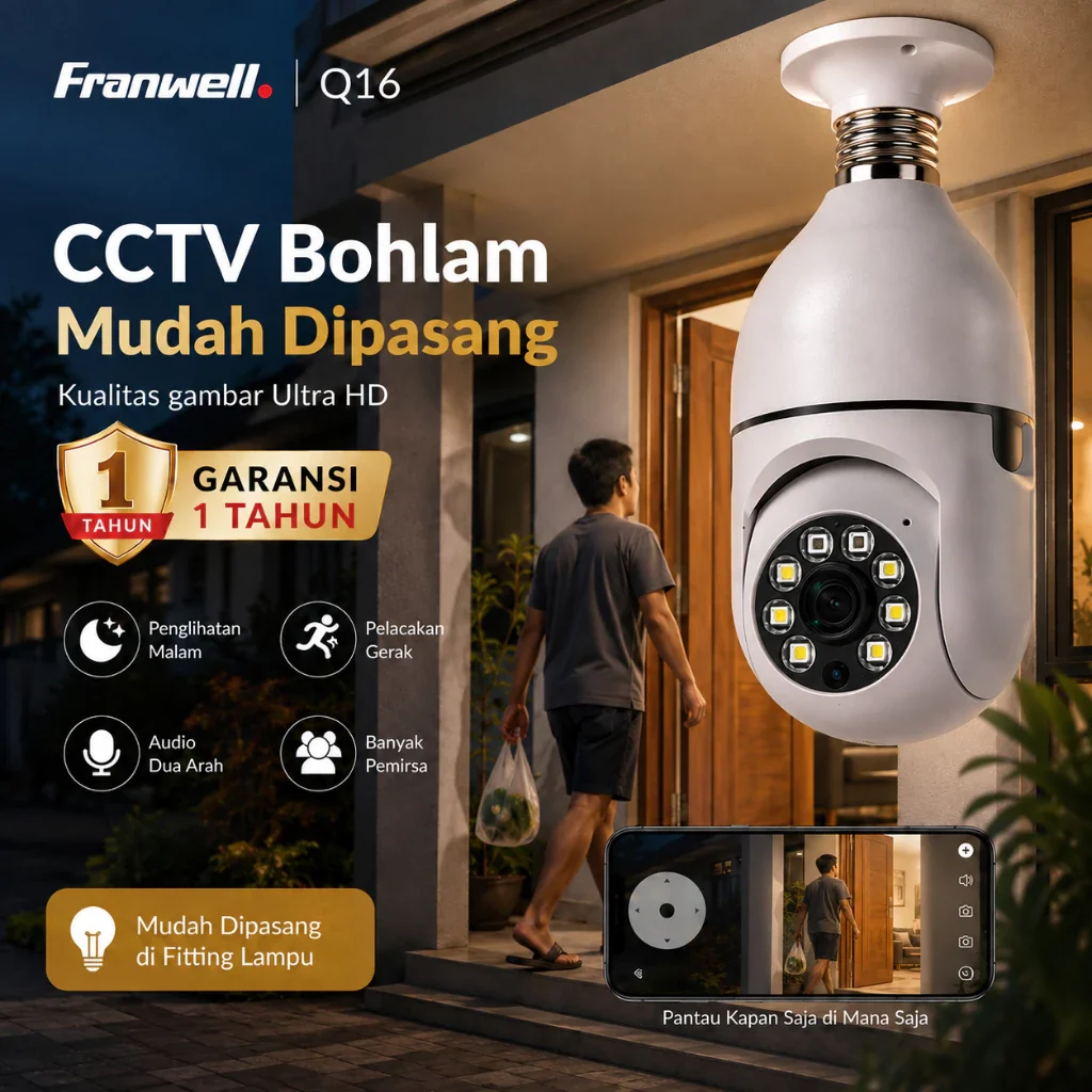 Gambar promosi kamera bohlam Franwell dengan label Q16 dan pemasangan pada fitting lampu