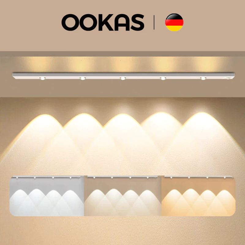 Gambar promosi lampu LED OOKAS di bawah kabinet dengan beberapa warna cahaya
