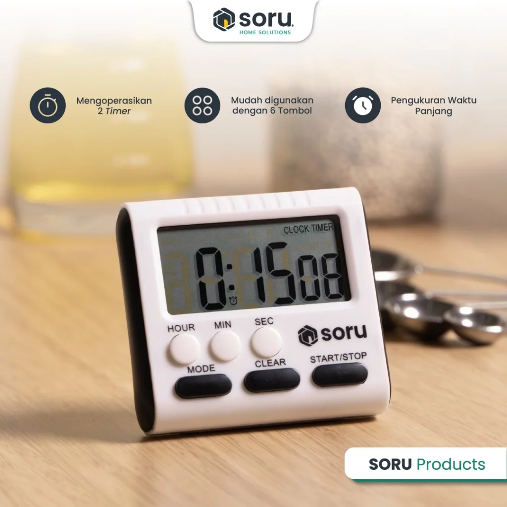 Timer dapur digital SORU dengan layar LCD dan tombol pengaturan waktu pada gambar penjual