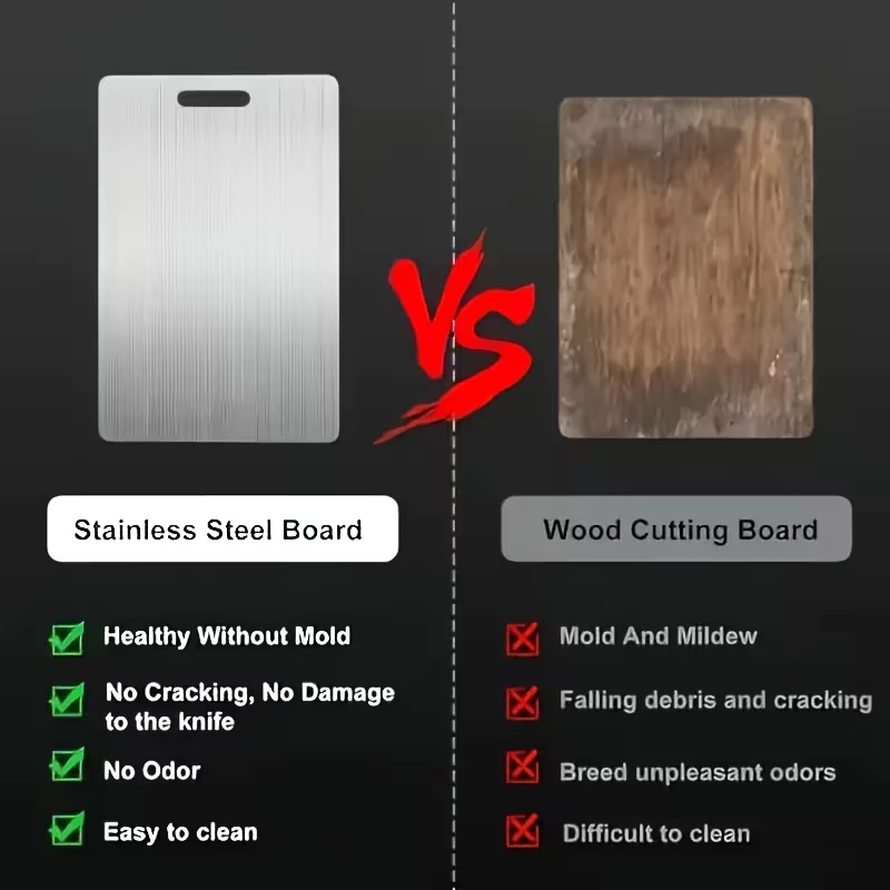 Gambar penjual yang membandingkan talenan stainless steel VENTAS dengan talenan kayu
